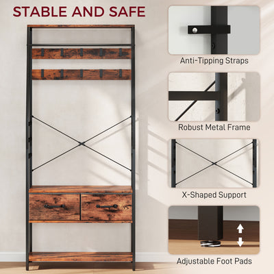 HOMCOM 6-in-1 Industrial-Style Hallway Organiser - Brown/Black 
