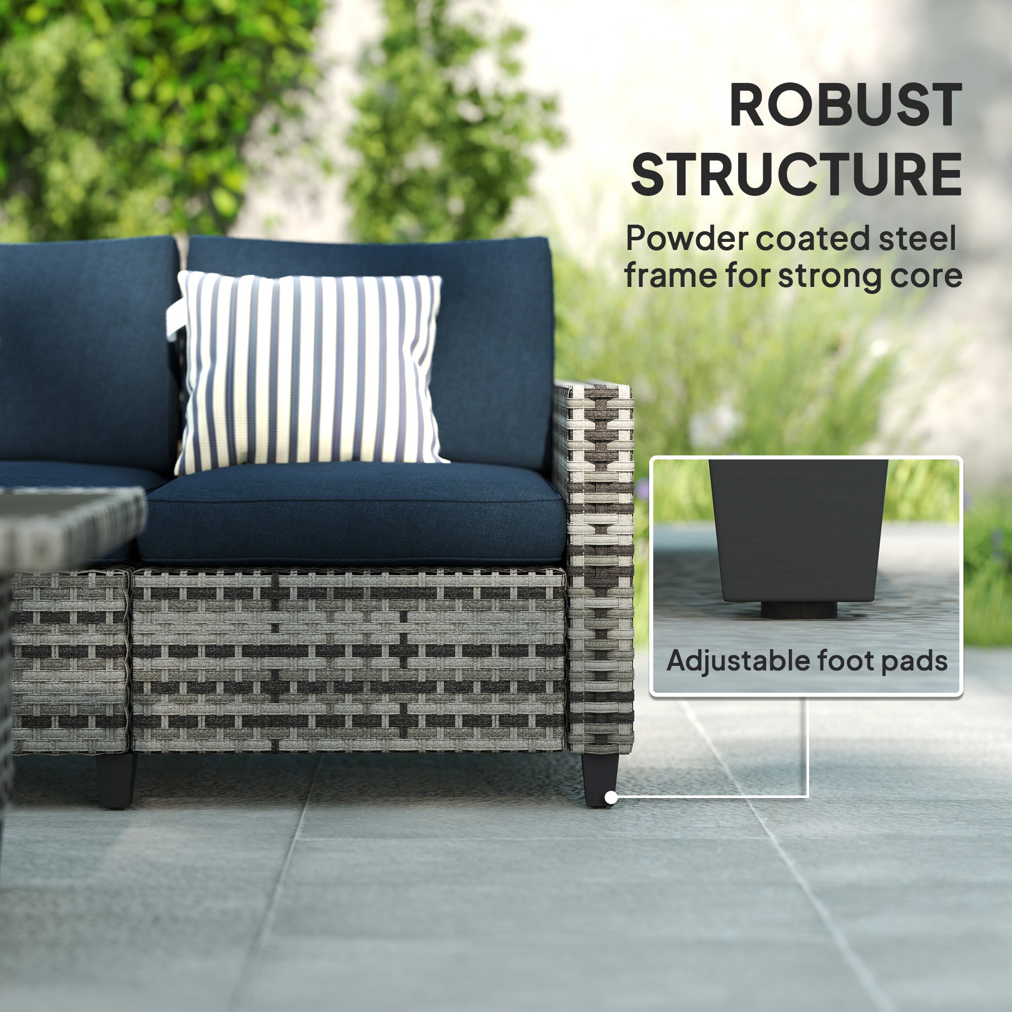 Outsunny 6 Pieces Rattan Garden Furniture Set, 5 Seater Wicker Outdoor Furniture Set with 2 Armchairs, Steel Frame Coffee Table and Cushions for Balcony, Porch, Navy Blue 
