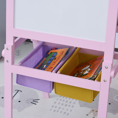 HOMCOM Kids Easel 3 in 1 Wooden Art Easel with Paper Roll Double-Sided Chalkboard & Whiteboard with Storage Baskets for Toddler Girls, Pink 