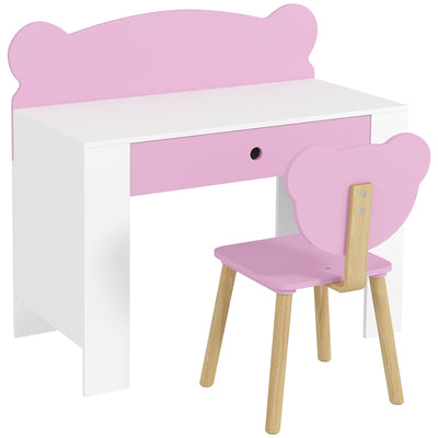 AIYAPLAY Kids Desk and Chair Set with Drawer for Drawing, Reading, Bear Theme Children Furniture for Bedroom, Daycare, Pink 