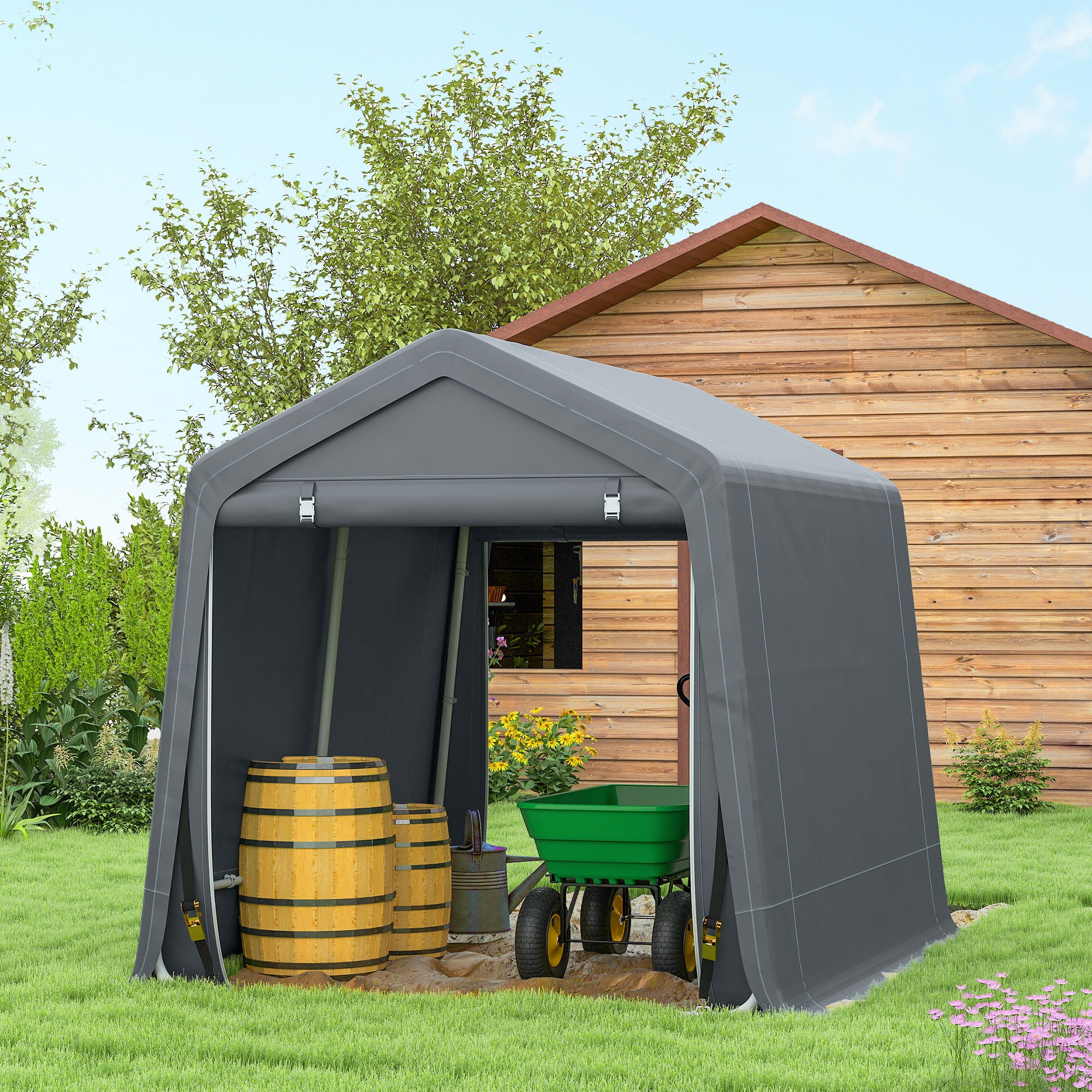 Outsunny 8 x 6.5 ft Outdoor Garden Storage Shed, Waterproof Bike Tent w/ Double Roll-up Zipper Door for Garden Tools, Dark Grey 
