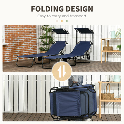 Outsunny 2 Piece Folding Sun Loungers with Canopy, Adjustable Recliner Garden Chairs with Side Pocket, Steel Frame and Breathable Mesh for Outdoor, Pool, Beach, Garden, Dark Blue 