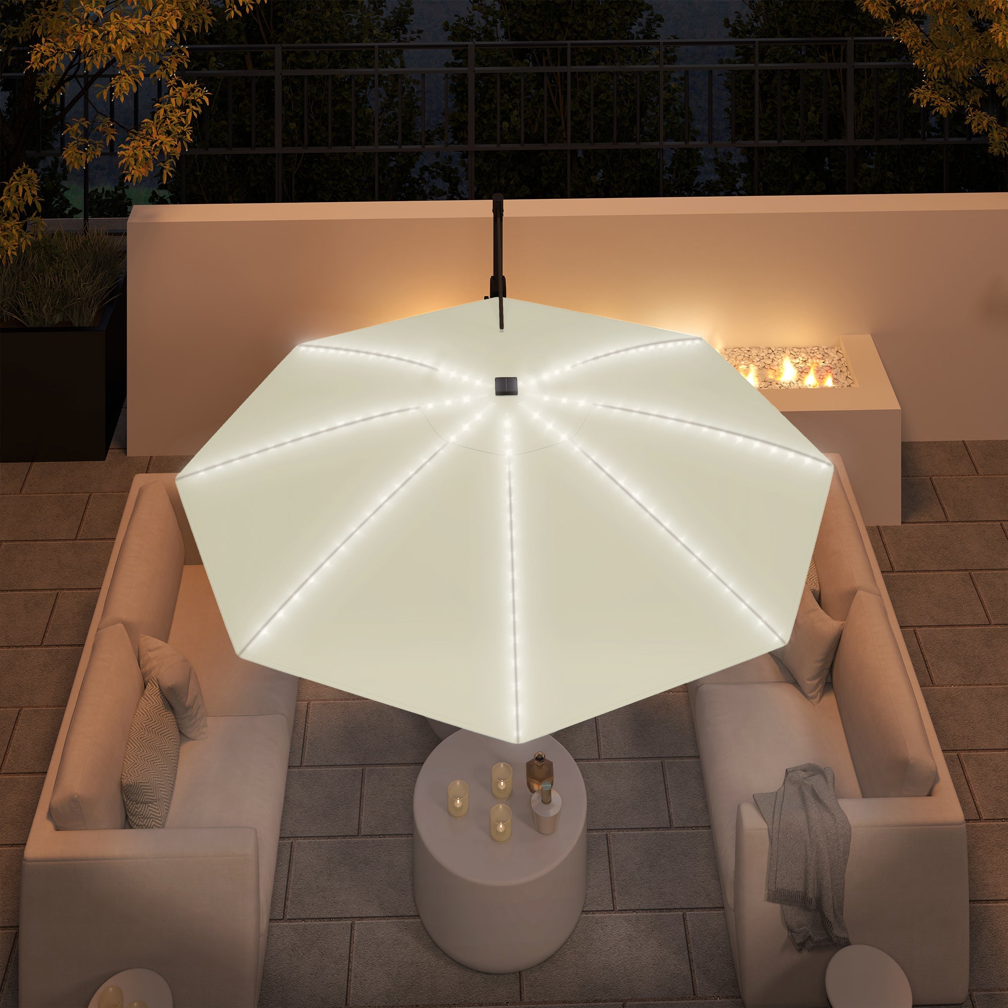 Outsunny 3(m) Cantilever Garden Parasol with Solar Powered Lights, Crank Handle & Cross Base, UPF 50+, 360° Rotation, Cream 