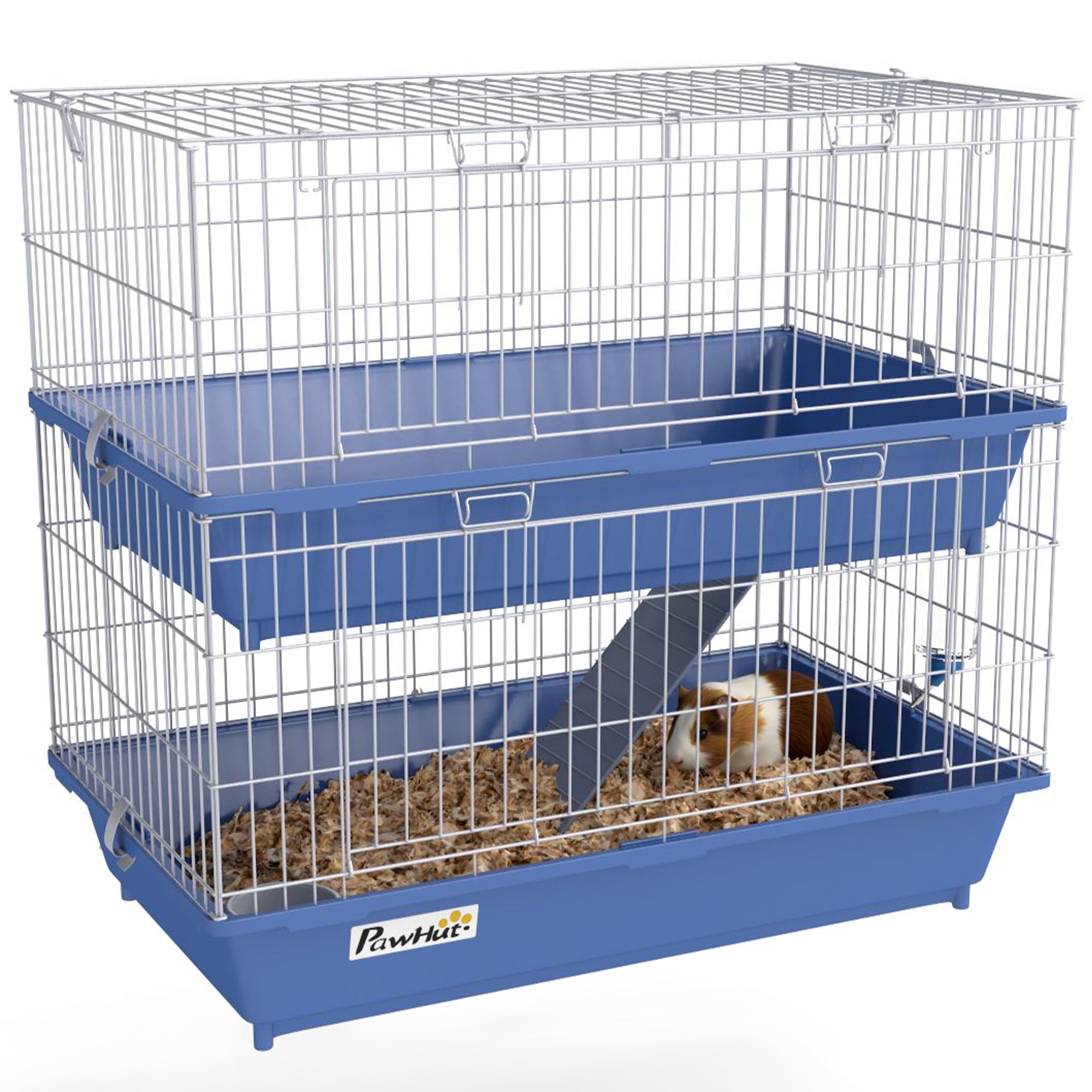 PawHut Double Tier Small Animal Cage Rabbit Chinchillas Cage w/ Ramp Food Dish Water Bottle Deep Trays Pet Home 72 x 44 x 67 cm 