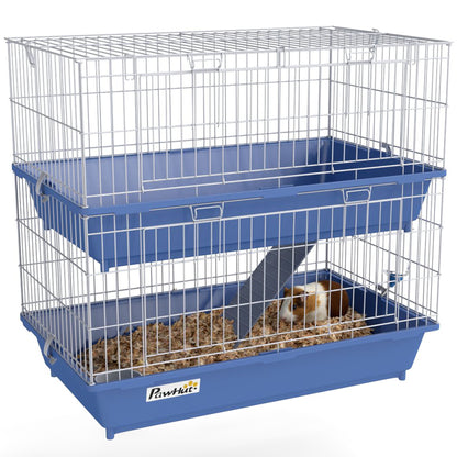 PawHut Double Tier Small Animal Cage Rabbit Chinchillas Cage w/ Ramp Food Dish Water Bottle Deep Trays Pet Home 72 x 44 x 67 cm 