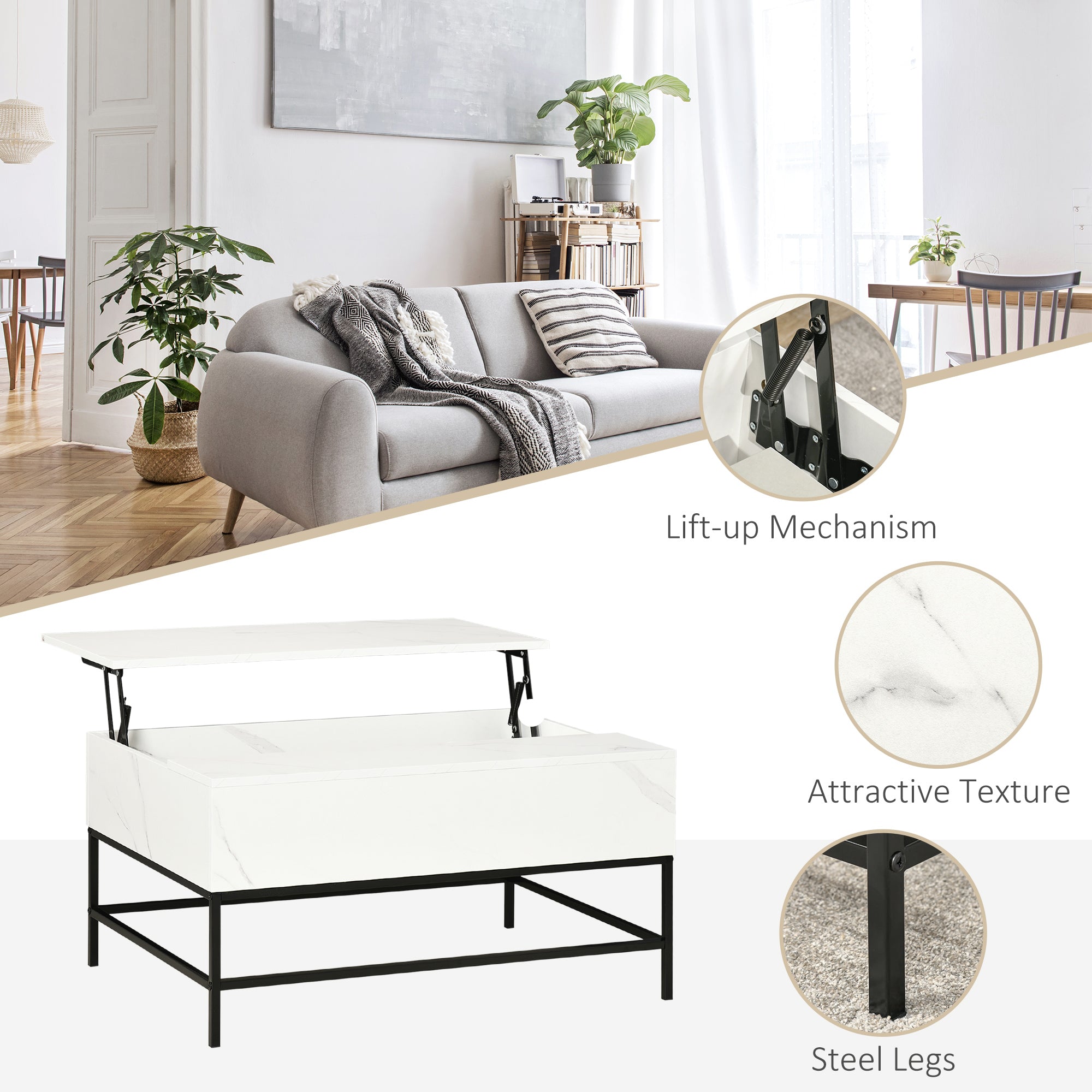 HOMCOM Modern Lifting Coffee Table with Hidden Compartment, Storage Coffee Table for Living Room, Faux Marble White 