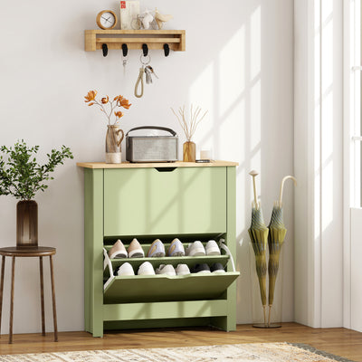 HOMCOM Slim Shoe Cabinet, Narrow Shoe Cupboard with 2 Flip Drawers, Adjustable Shelves for 12 Pairs of Shoes, Green 