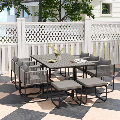 Outsunny 10 Seater Rattan Cube Garden Furniture Set, Rattan Dining Set with Cushions, Outdoor Dining Table and Chairs with 6 Armchairs, 4 Stools, Rectangular Wood Grain Plastic Top Table, Grey 