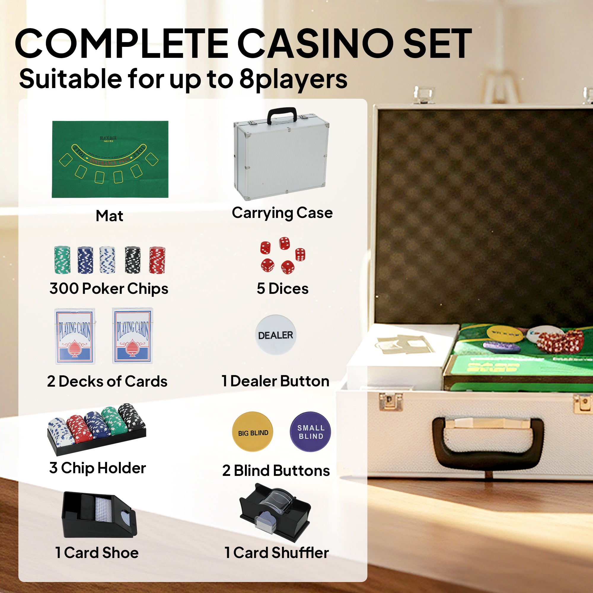 SPORTNOW 300-Piece Poker Chips Set with Card Shuffler, Card Shoe, Case, Casino Texas Holdem Poker Set with Mat, Silver Tone 