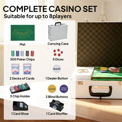 SPORTNOW 300-Piece Poker Chips Set with Card Shuffler, Card Shoe, Case, Casino Texas Holdem Poker Set with Mat, Silver Tone 