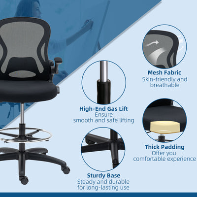 Vinsetto Adjustable Mesh Standing Desk Chair with Flip-up Armrests Lumbar Support Armrests Adjustable Footrest Ring Black 