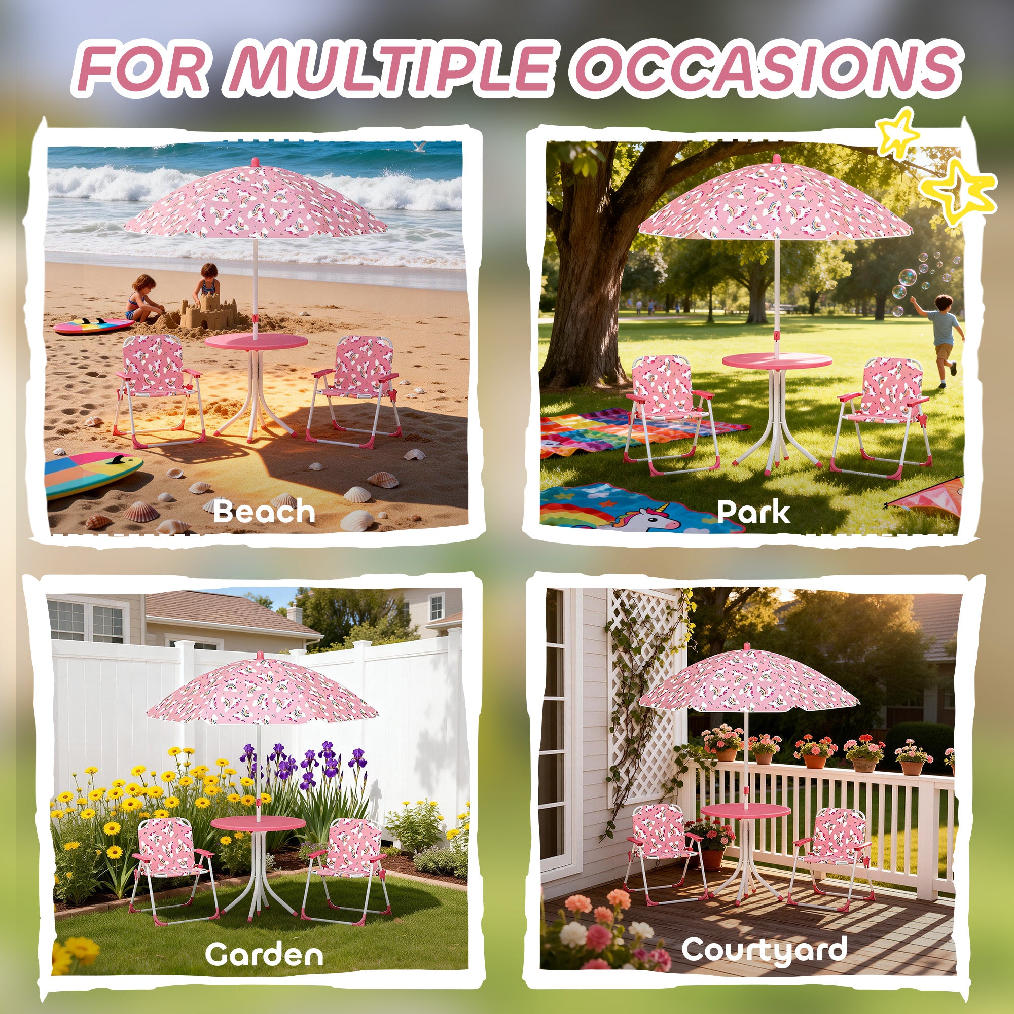 AIYAPLAY Kids Patio Table and Chair Set, Kids Garden Furniture with Umbrella, 4-Piece Bistro Set for Garden, Pink 