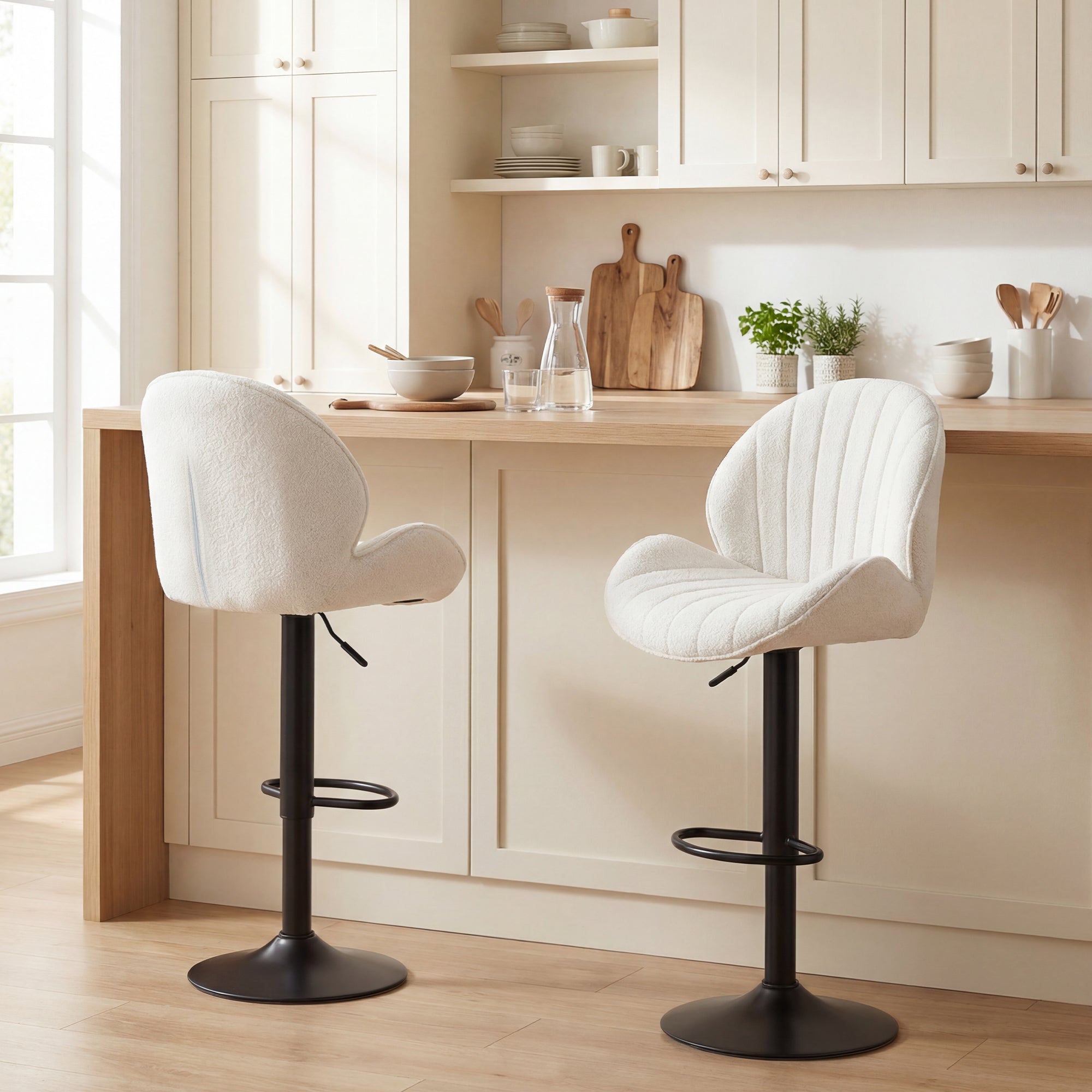 HOMCOM Bar Stools Set of 2, Swivel Barstools with Back, Adjustable Height and Footrest for Kitchen Island, Dining Room, Cream 