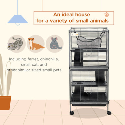PawHut Small Animal Cage with Wheels Pet Home for Chinchillas Ferrets Kittens, with Hammock, 4 Platforms, Removable Tray, Silver 