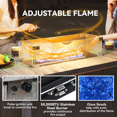 Outsunny 50,000 BTU Gas Fire Pit Table with Cover and Glass Screen - Dark Grey 