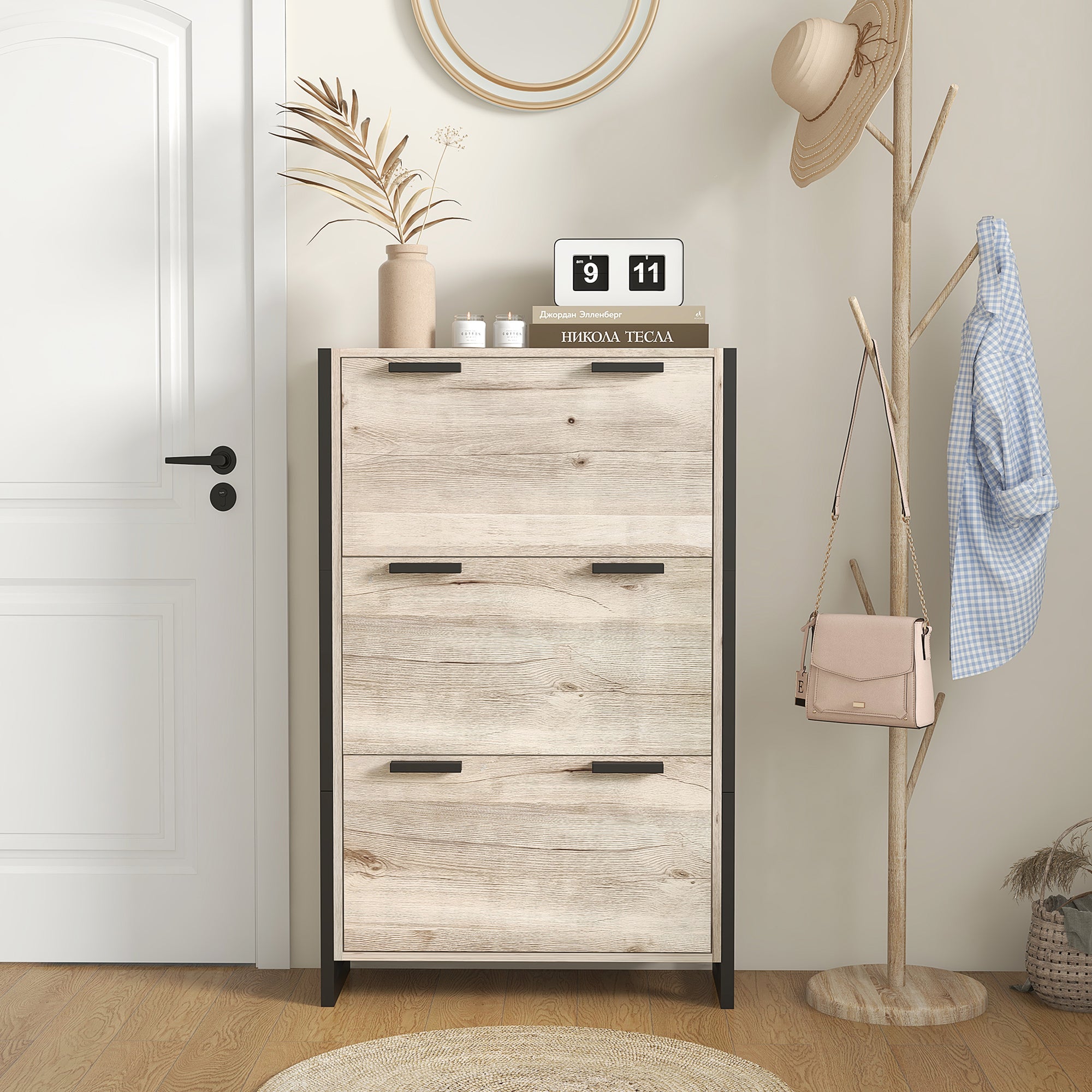 HOMCOM Shoe Storage Cabinet with 3 Flip Drawers Adjustable Shelf 18 Pairs Narrow Shoe Cupboard for Entryway Natural Wood-effect 