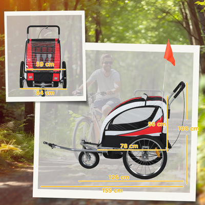 HOMCOM Baby Bike Trailer, Child Bicycle Trailer with 5 Point Harness, Steel Frame, Reflectors, Safety Flag, Hitch Coupler, Red 