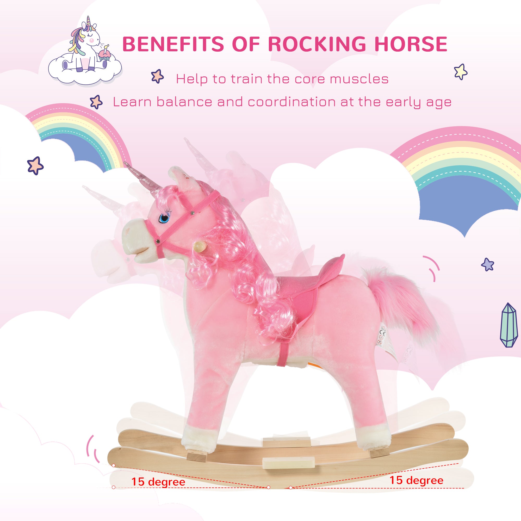 HOMCOM Kids Plush Rocking Horse Ride On Unicorn w/ Sound Moving Mouth Wagging Tail Children Rocker Toy Gift 3-6 Years Pink 