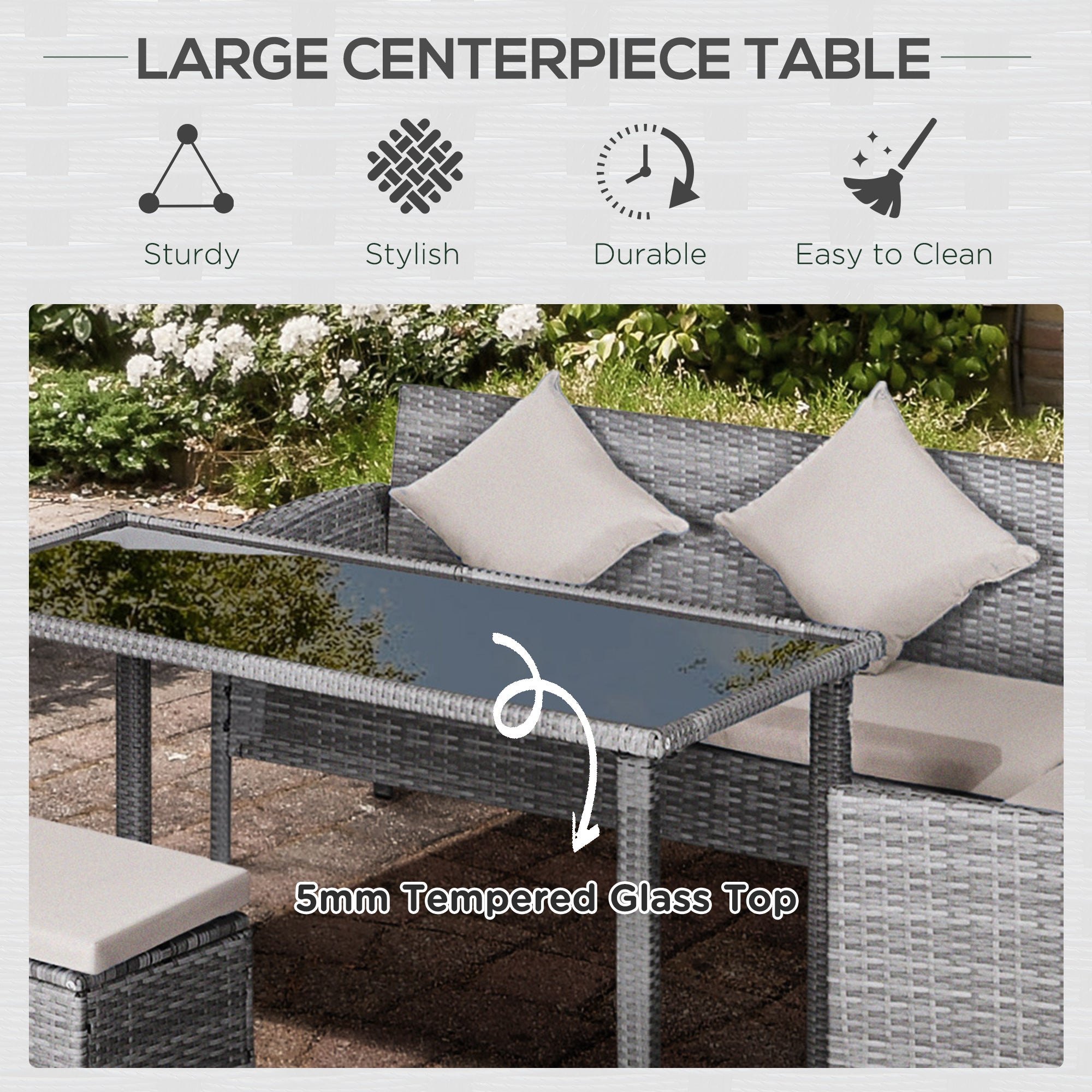 Outsunny 6-Seater Rattan Dining Set Sofa Table Footstool Outdoor w/ Cushion Garden Furniture 