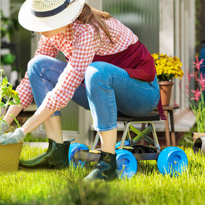 Outsunny Garden Cart with Wheels, Garden Stool Trolley with Tool Tray, Rolling Garden Seat for Weeding, Planting, Blue 