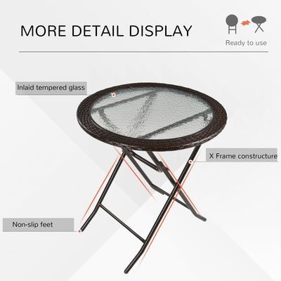 Outsunny Folding Rattan Garden Dining Table, 68 cm Round Rattan Garden Table with Water Ripple Tempered Glass Top, Wicker Edging  and Steel Frame for Outdoor, Patio, Brown 