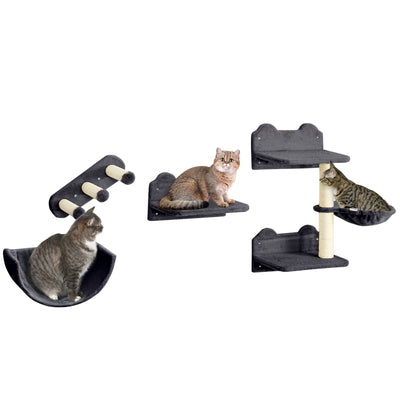 PawHut 4PCs Wall-Mounted Cat Shelves w/ Scratching Post, Hammock, Nest - Dark Grey 