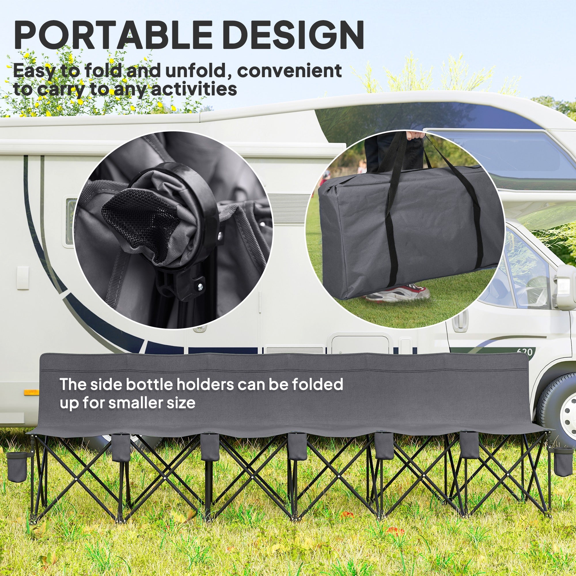 Outsunny 6 Seater Folding Camping Chair with Cup Holder & Carry Bag - Charcoal Grey 