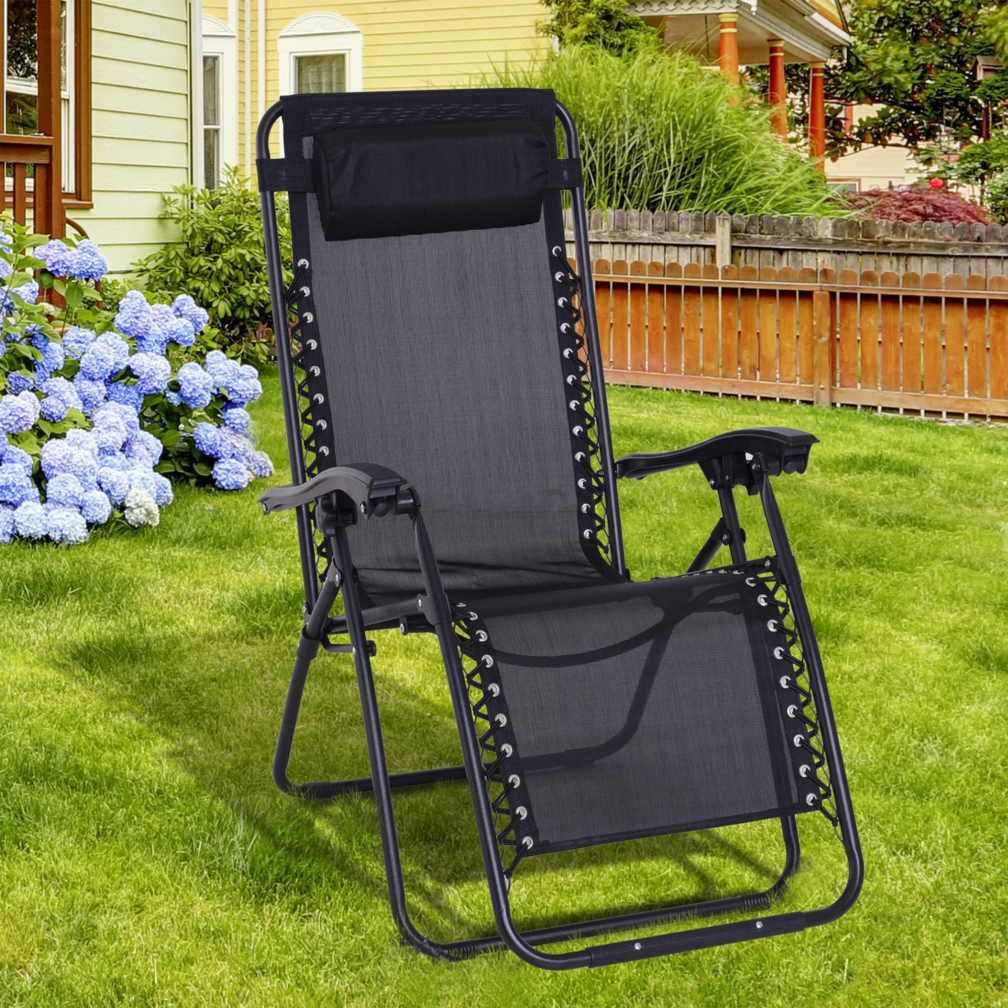 Outsunny Zero Gravity Chair Metal Frame Texteline Armchair Outdoor Folding and Reclining Sun Lounger with Head Pillow for Patio Decking Gardens Camping, Black 