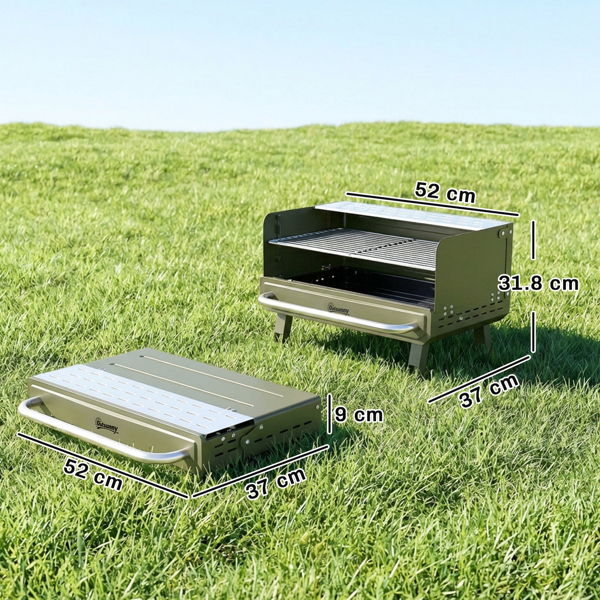 Outsunny Portable BBQ Grill, Charcoal Barbecue Grill with Adjustable Grates, Foldable Legs, Side Shelf for Camping Travel, Green 