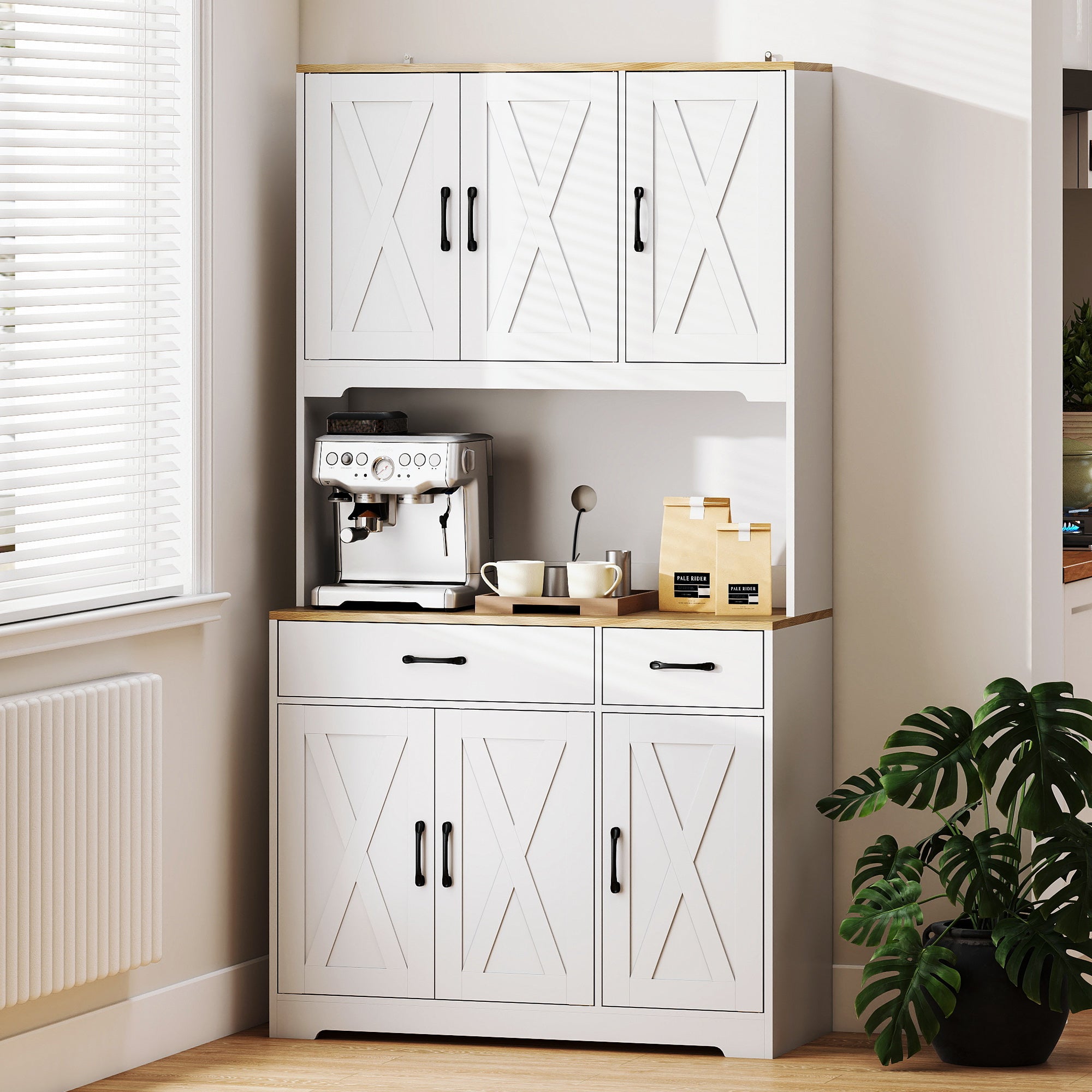 HOMCOM 175 cm Tall Kitchen Pantry Cabinet with Microwave Stand, Freestanding Pantry Cupboard, White 