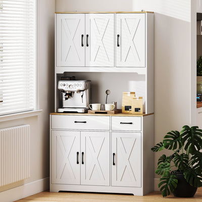 HOMCOM 175 cm Tall Kitchen Pantry Cabinet with Microwave Stand, Freestanding Pantry Cupboard, White 