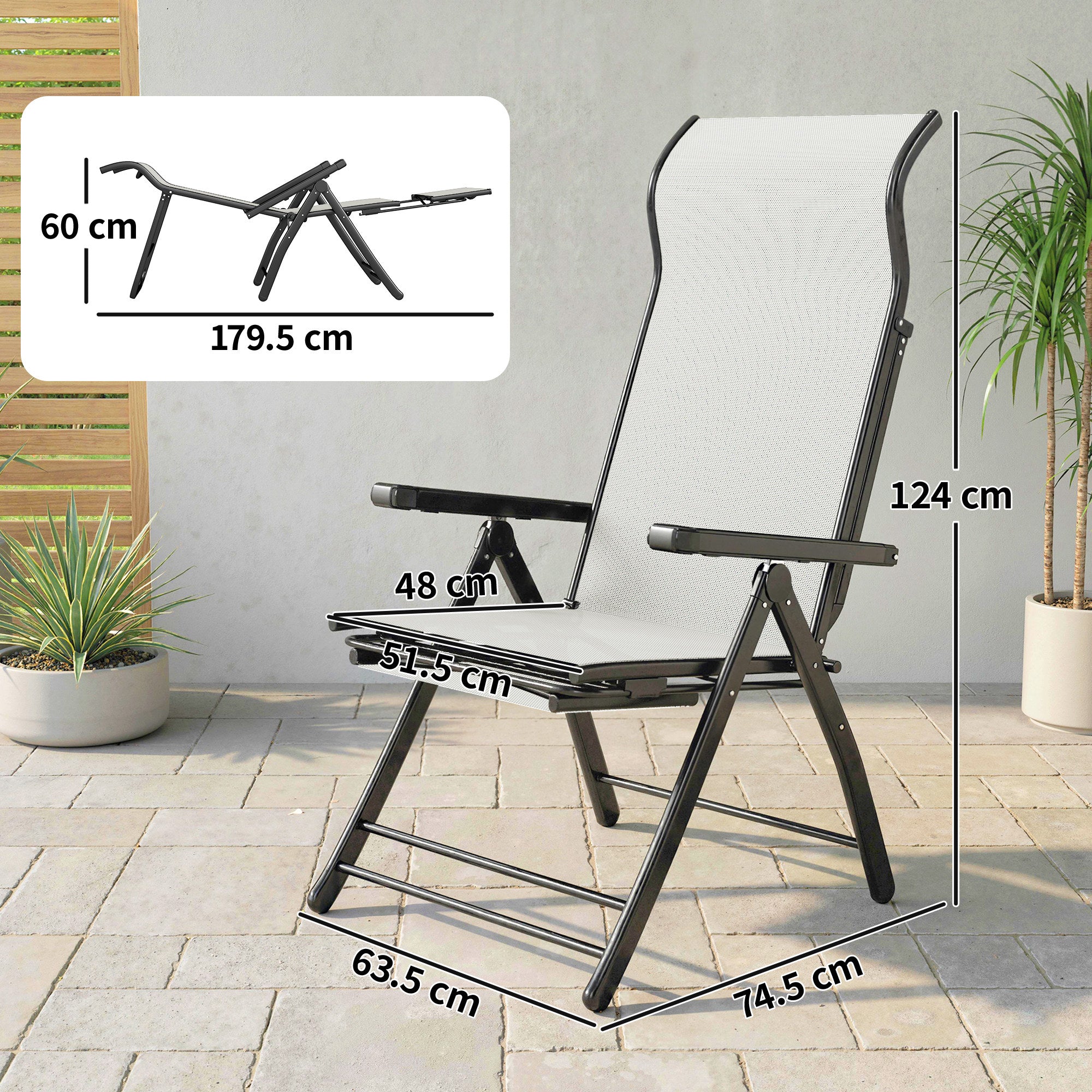 Outsunny Reclining Garden Chairs Set of 2, 5-Position Folding Sun Loungers with High Back, Retractable Footrest, Light Grey 