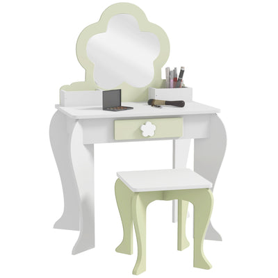 ZONEKIZ Kids Vanity Table with Mirror and Stool, Drawer, Storage Boxes, Flower Design, for Ages 3-6 Years - White 