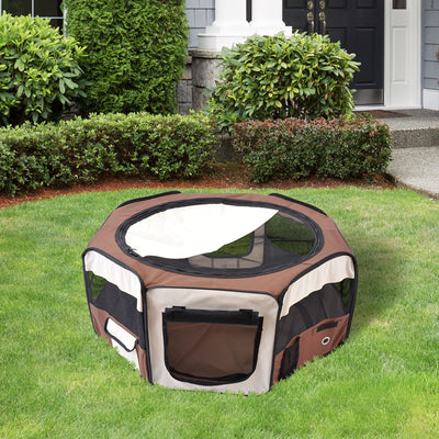 PawHut Portable Cat Dog Playpen Pet Puppy Rabbit Guinea Pig Pen Run Dia 90 x 41H cm Indoor & Outdoor Brown 