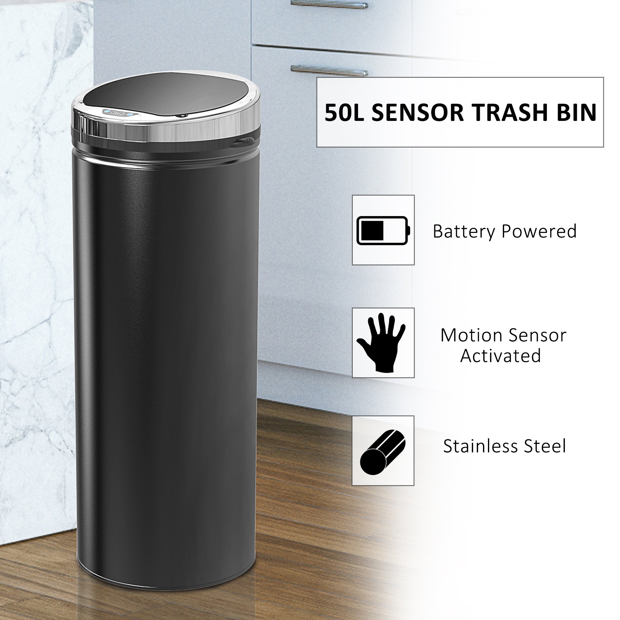 HOMCOM 50L Sensor Bin for Kitchen Waste Automatic Dustbin Motion Detection Dustbin  Stainless Steel Rubbish Can with Bucket, Black 