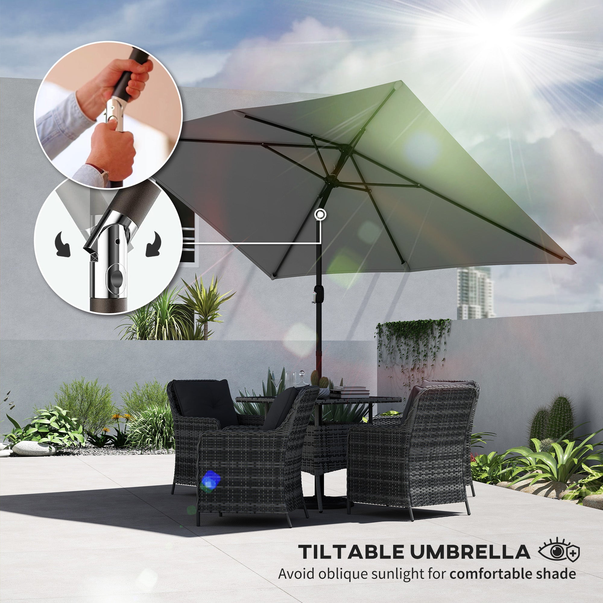 Outsunny Garden Parasol, Parasol Umbrella with Crank Handle, Tilt Function, Polyester Canopy, Light Grey 