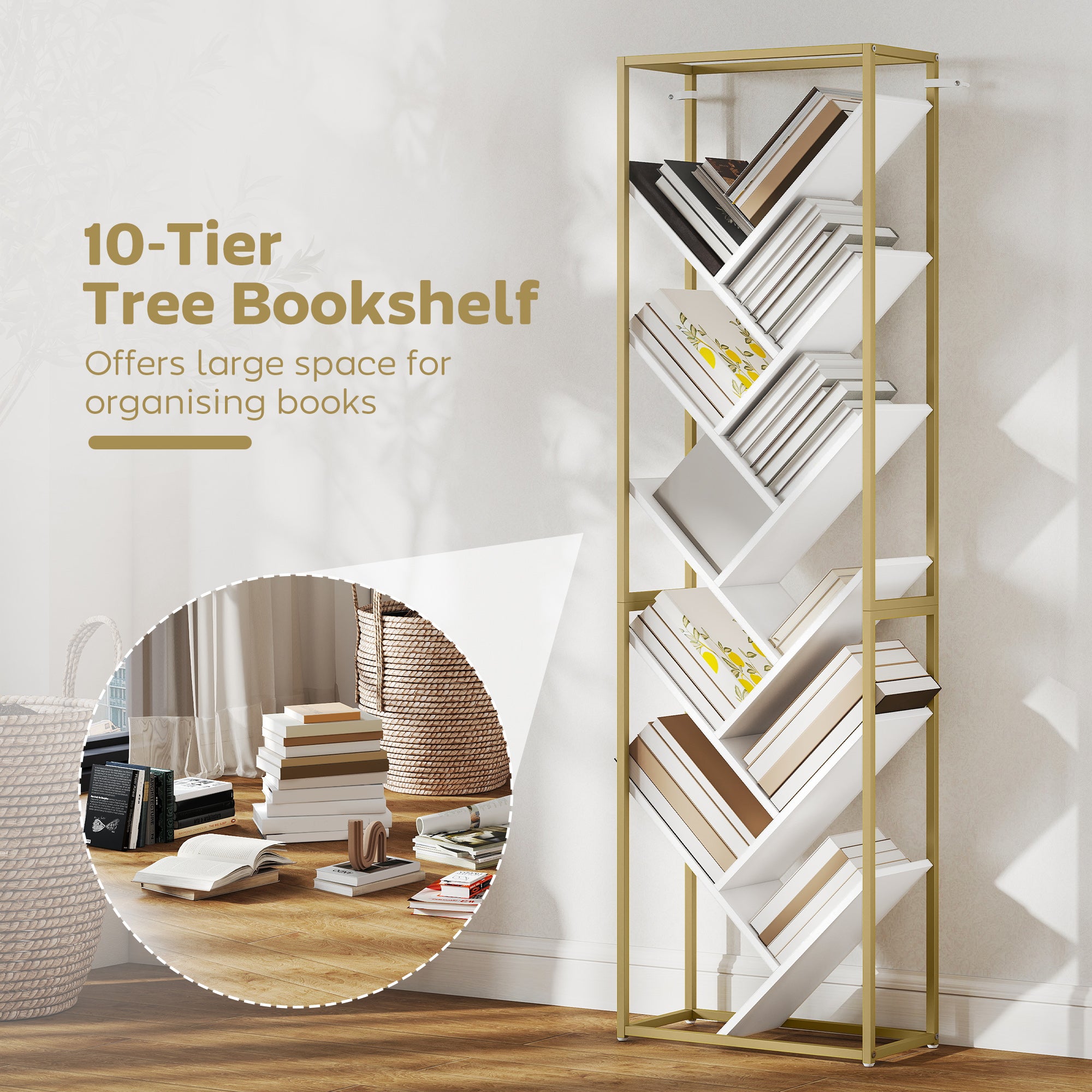 HOMCOM 10 Shelf Modern-Style Bookshelf - Gold Tone/White 