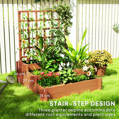 Outsunny 3 Tier Garden Planters with Trellis for Vine Climbing, Wooden Raised Beds, 95x95x110cm, Brown 