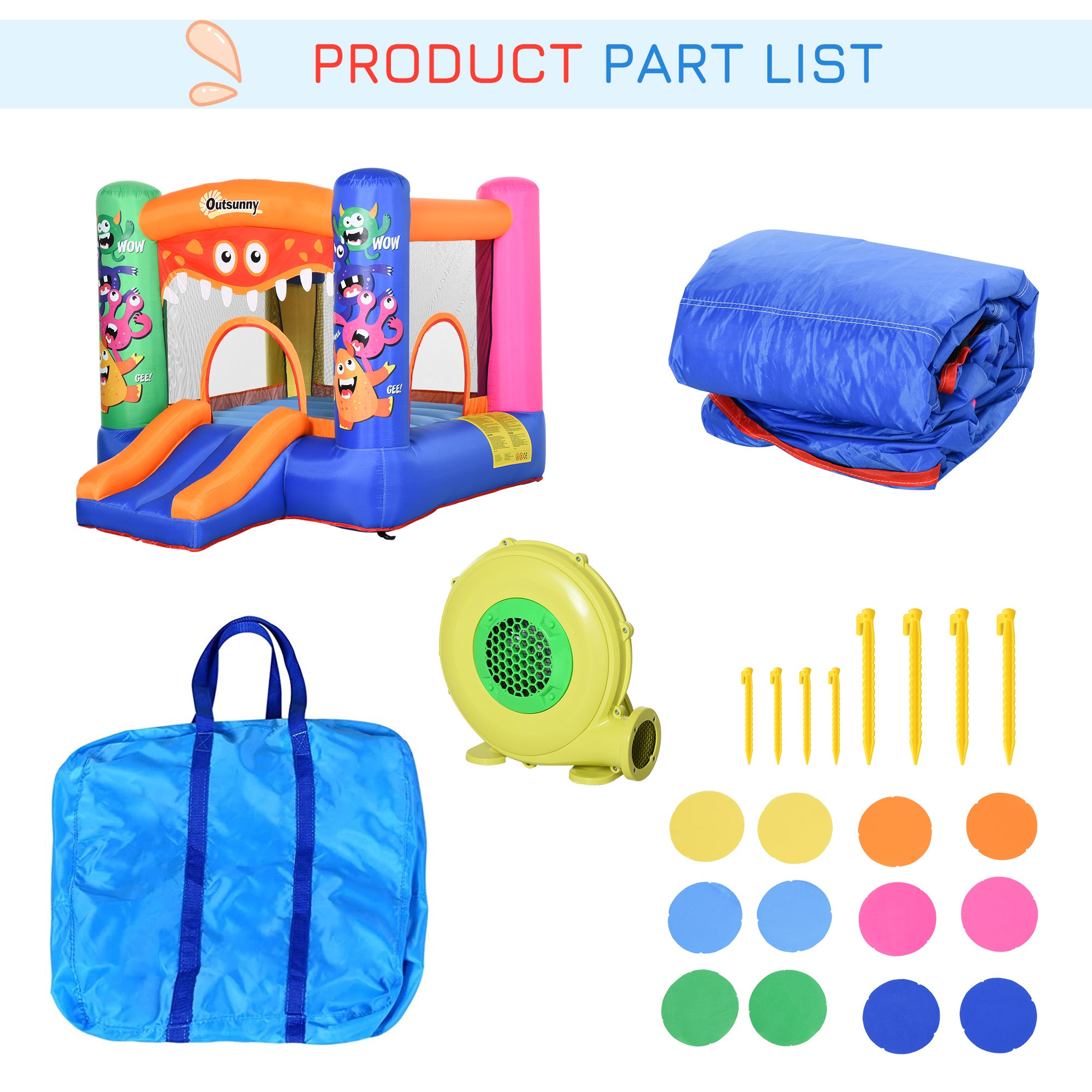 Outsunny Bouncy Castle Inflatable Basket Trampoline Slide Monster Design 180 x 250 x 175 (CM) 