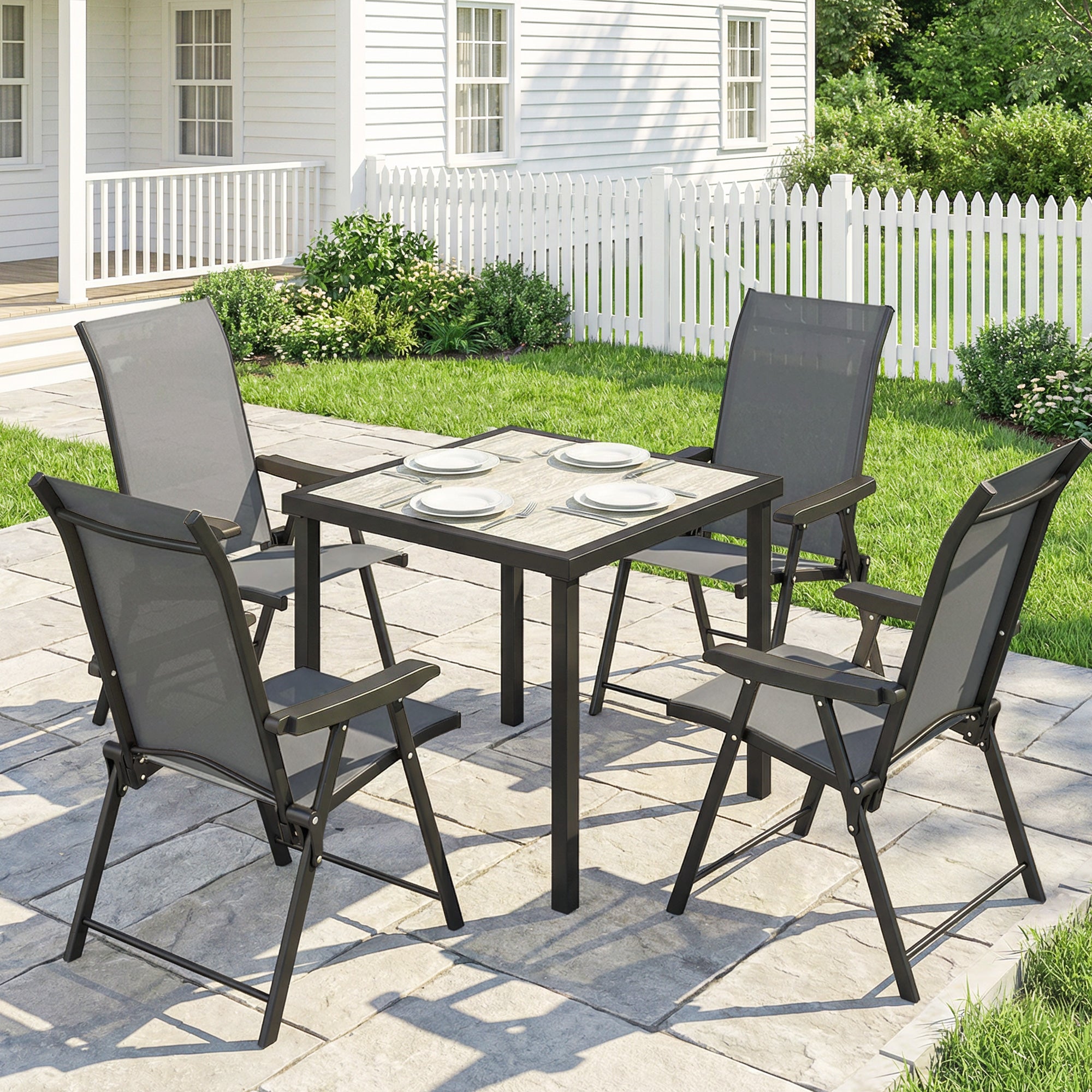 Outsunny 5 Pieces Outdoor Dining Set, Garden Dining Set for 4 with Square Table and Folding Chairs, Grey 