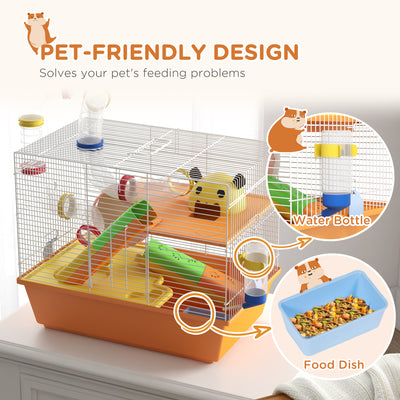 PawHut 3 Tiers Gerbil Cage, Hamster Cage with Tubes, Exercise Wheel, Ladder, Top Handle, 45 x 28 x 37cm - Orange 