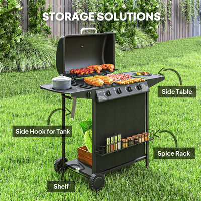 Outsunny 4+1 Burner Gas BBQ Grill, Portable Gas Barbecue Grill with Built-in Thermometer, Lid, Side Table, Shelf, Spice Rack, Wheels, Grease Cup for Garden Party Outdoor Cooking, Black 