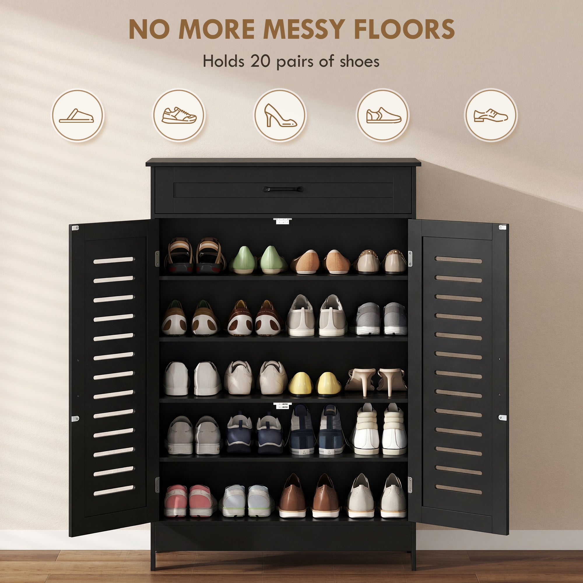 HOMCOM Shoe Cabinet with Louvered Doors, Modern Shoe Storage Cabinet with Drawer and Adjustable Shelves, Black 