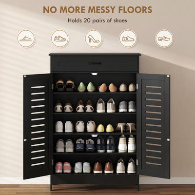 HOMCOM Shoe Cabinet with Louvered Doors, Modern Shoe Storage Cabinet with Drawer and Adjustable Shelves, Black 