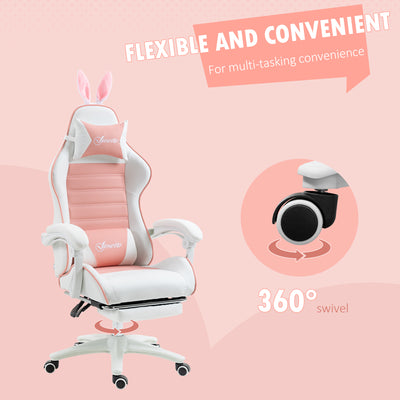 Vinsetto Racing Gaming Chair, Reclining PU Leather Computer Chair with Removable Rabbit Ears, Footrest, Headrest and Lumber Support, Pink 
