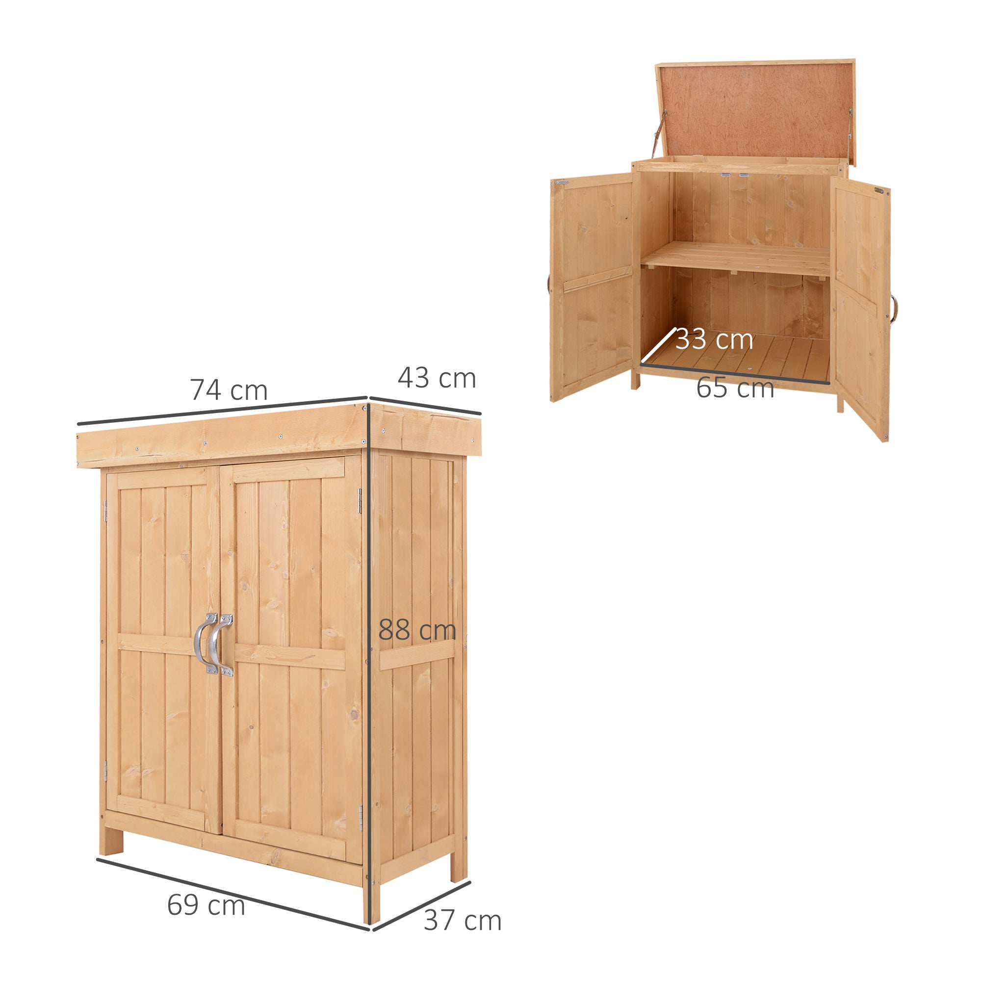 Outsunny Wooden Garden Storage Shed with Hinged Roof and Shelves, Outdoor Storage Cabinet Chest, Double Doors, 74 x 43 x 88cm, Burlywood 