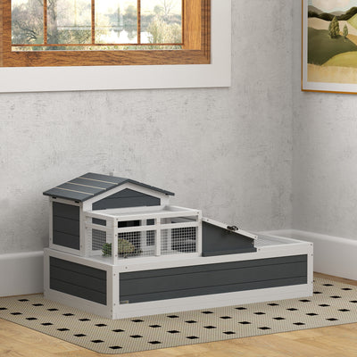 PawHut Tortoise House 3-Room with 2 Stories, Ladder, Balcony, Tray, Openable Roof, 59H x 112L x 65Wcm, Grey 