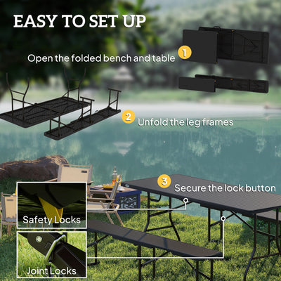 Outsunny Folding Picnic Table and Bench Set, Rattan Effect Portable Camping Table and Chairs with Carrying Handles for Indoor Outdoor, Dining, Camping, Picnic, BBQ, Party, Black 