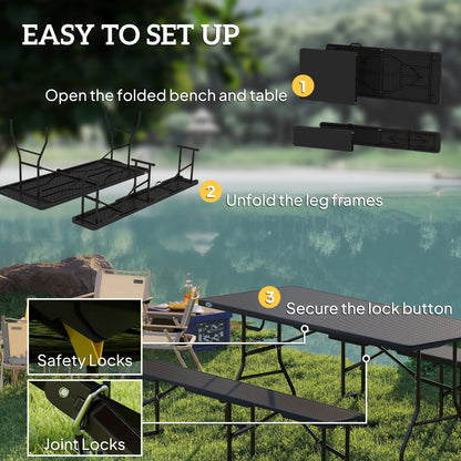 Outsunny Folding Picnic Table and Bench Set, Rattan Effect Portable Camping Table and Chairs with Carrying Handles for Indoor Outdoor, Dining, Camping, Picnic, BBQ, Party, Black 