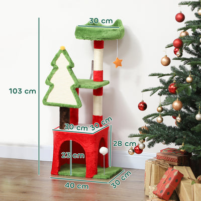 PawHut Christmas Cat Tree, 120cm Cat Tower with Scratching Post & Board, Platform, Toys, Green 